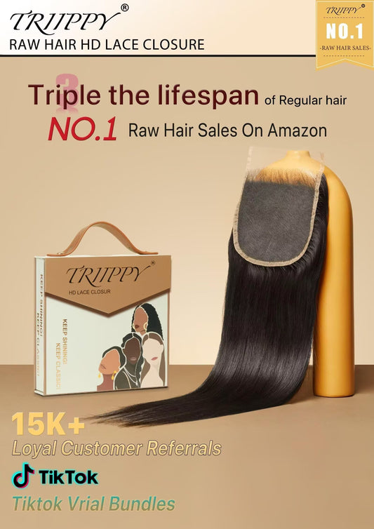 Triippy Raw Hair 5x5 HD Lace Closure Straight,More Less Shedding than Regular Virgin Hair,0.10mm Ultra-Thin 5x5 Swiss Real HD Lace with 100% Cambodian Raw Human Hair