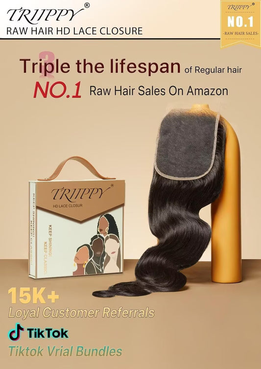 Triippy Raw Hair 5x5 HD Lace Closure Body Wave More Less Shedding than Regular Virgin Hair,0.10mm Ultra-Thin 5x5 Swiss Real HD Lace with 100% Raw Cambodian Human Hair