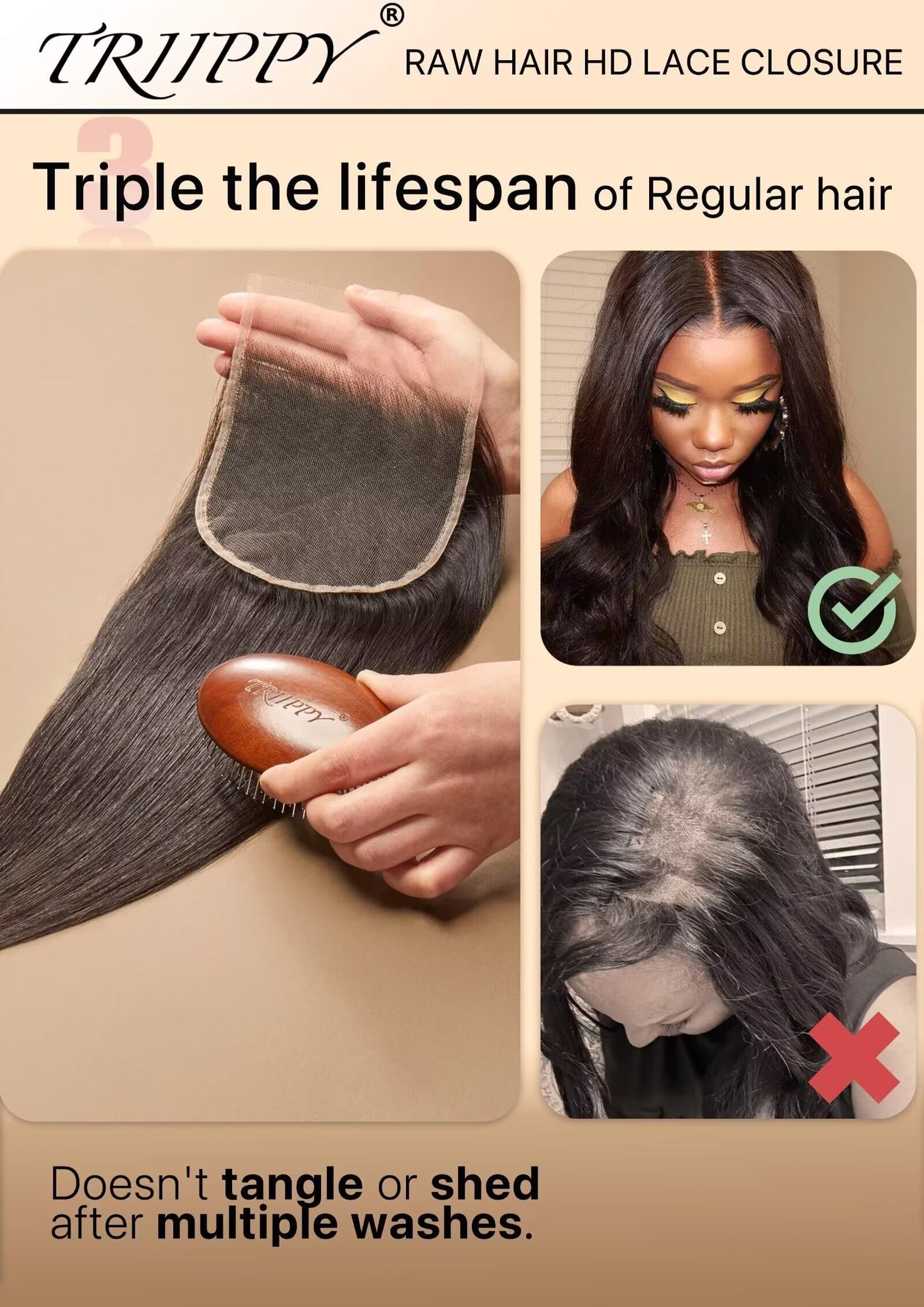 Triippy Raw Hair 5x5 HD Lace Closure Straight,More Less Shedding than Regular Virgin Hair,0.10mm Ultra-Thin 5x5 Swiss Real HD Lace with 100% Cambodian Raw Human Hair